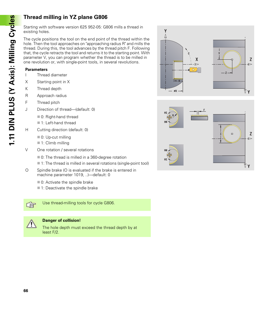 Thread milling in yz plane g806, 1 1 din plus (y axis): milling cy cles | HEIDENHAIN CNC Pilot 4290 V7.1 Description of B and Y axes User Manual | Page 66 / 119