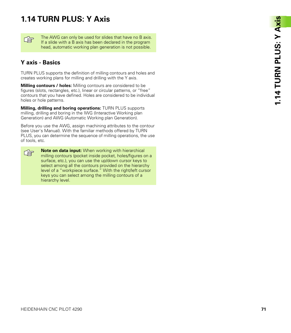 14 turn plus: y axis, Y axis - basics | HEIDENHAIN CNC Pilot 4290 V7.1 Description of B and Y axes User Manual | Page 71 / 119