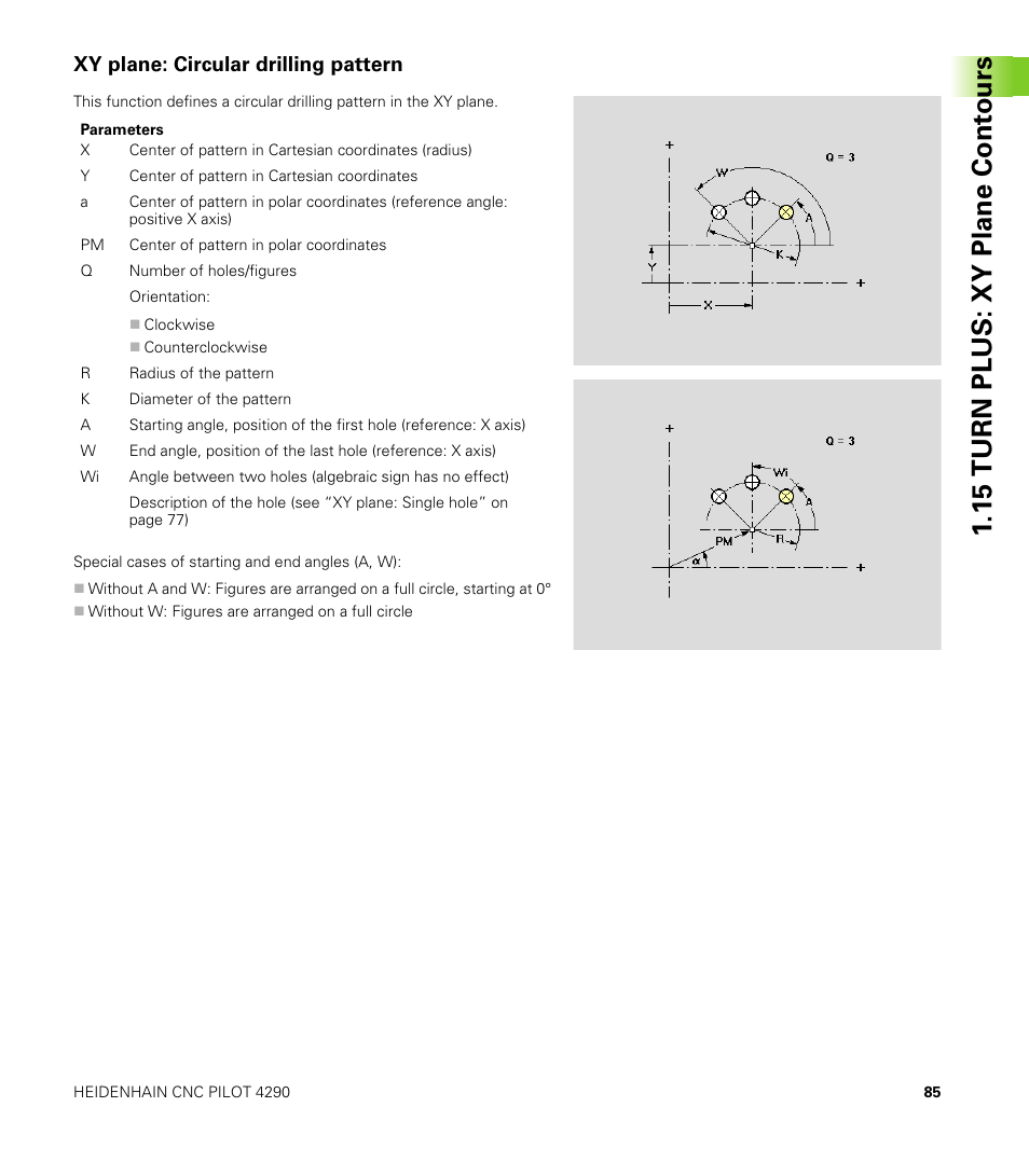 Xy plane: circular drilling pattern, 15 turn plus: xy plane cont ours | HEIDENHAIN CNC Pilot 4290 V7.1 Description of B and Y axes User Manual | Page 85 / 119