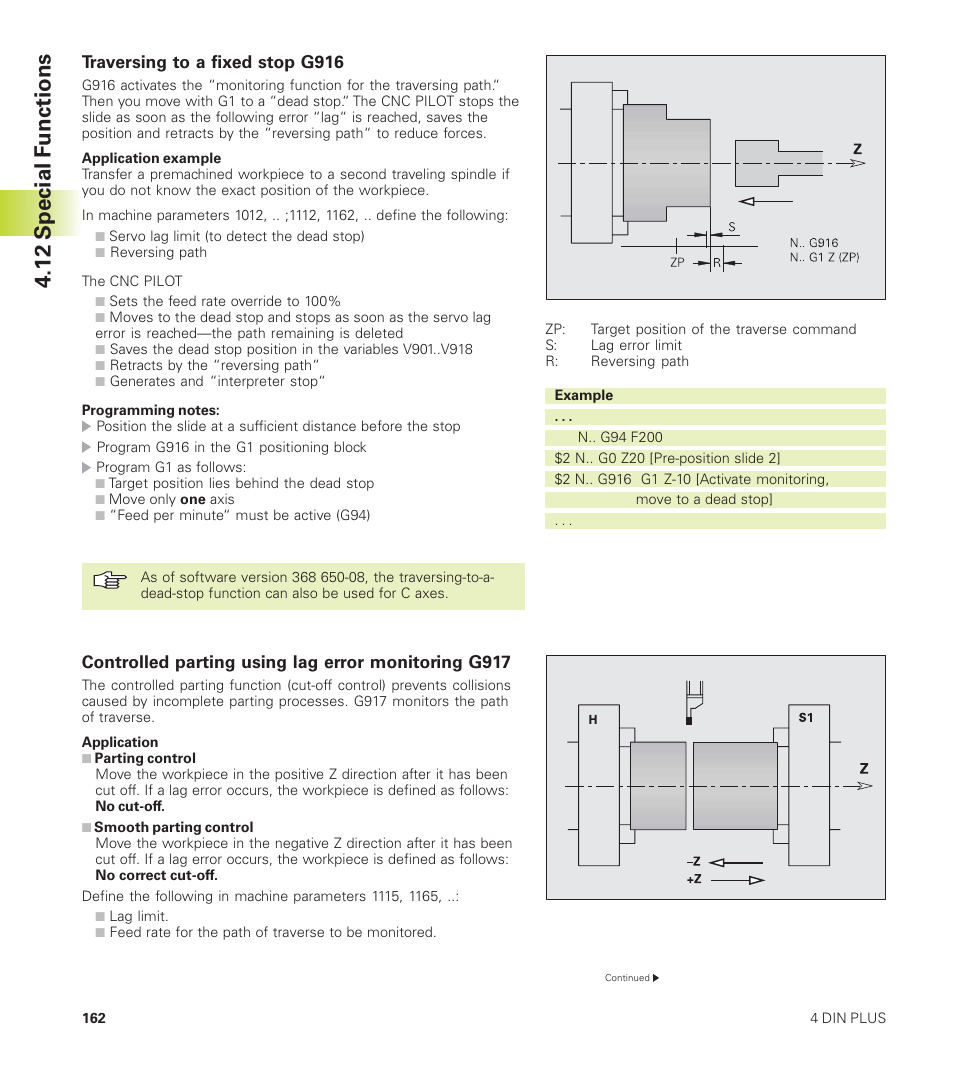 12 special functions, Traversing to a fixed stop g916, Controlled parting using lag error monitoring g917 | HEIDENHAIN CNC Pilot 4290 User Manual | Page 174 / 481