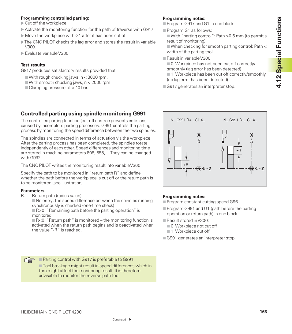 12 special functions, Controlled parting using spindle monitoring g991 | HEIDENHAIN CNC Pilot 4290 User Manual | Page 175 / 481