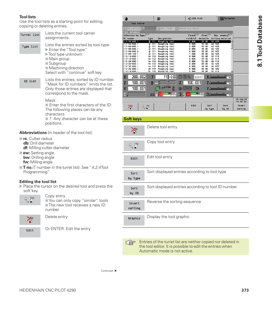1 t ool d atabase | HEIDENHAIN CNC Pilot 4290 User Manual | Page 385 / 481