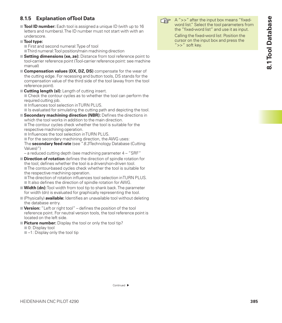 1 t ool d atabase | HEIDENHAIN CNC Pilot 4290 User Manual | Page 397 / 481