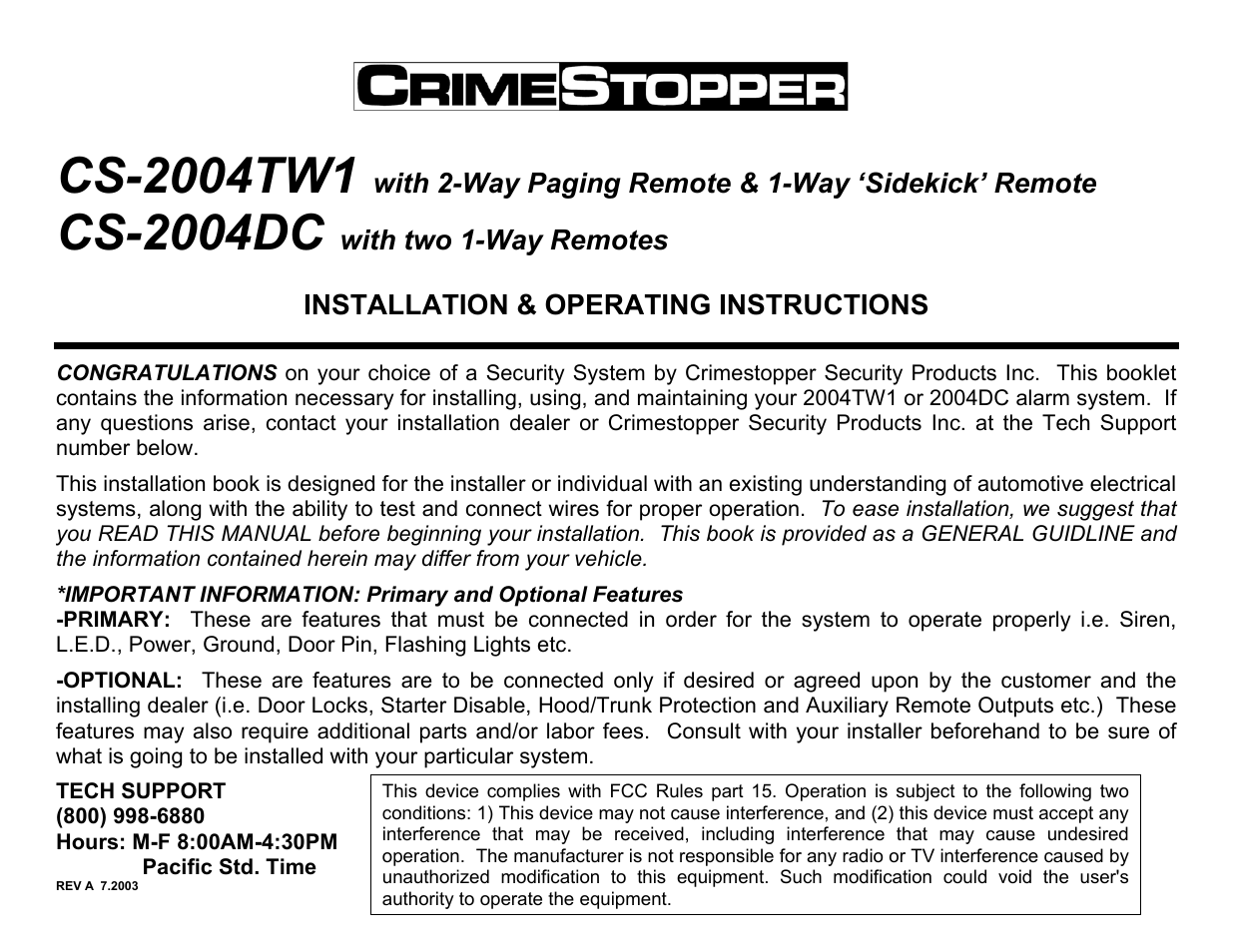 Crimestopper Security Products CS-2004DC User Manual | 20 pages