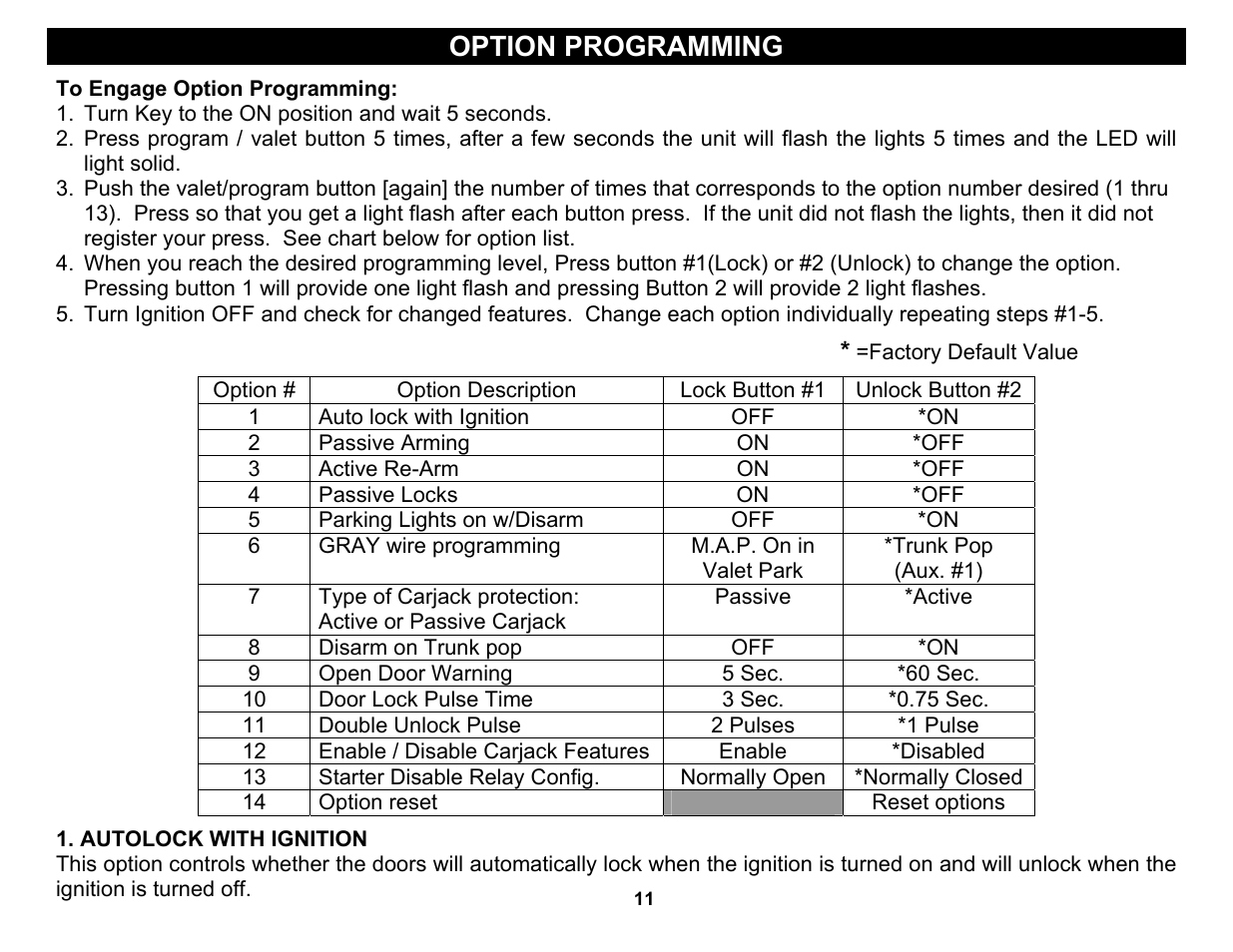 Passive arming, Passive locks, Autolock with ignition | Option programming | Crimestopper Security Products CS-2004DC User Manual | Page 11 / 20