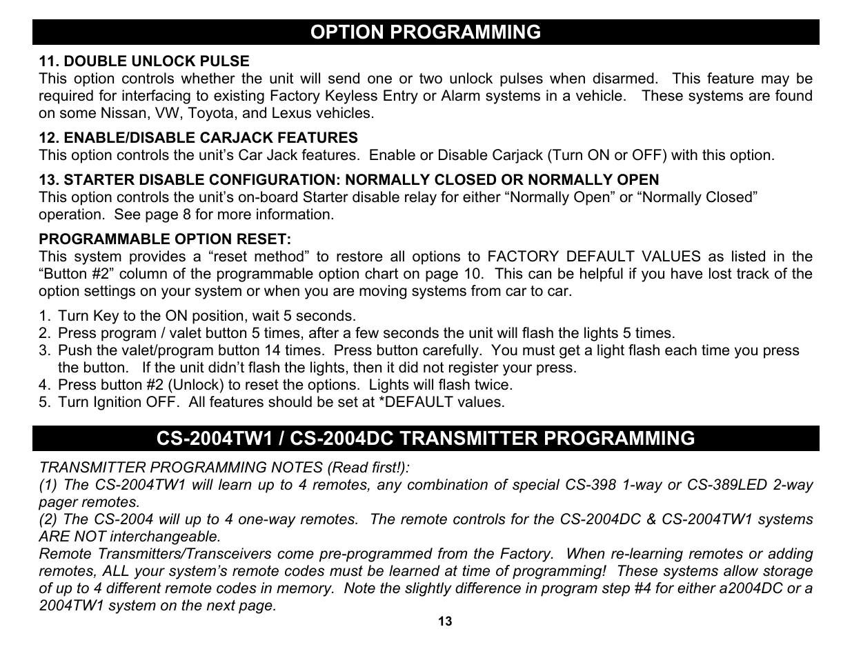 Double unlock pulse, Enable/disable carjack features, Option programming | Crimestopper Security Products CS-2004DC User Manual | Page 13 / 20