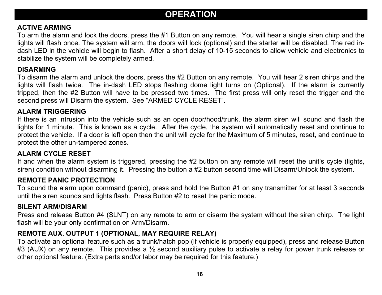 Active arming, Disarming, Alarm cycle reset | Remote panic protection, Silent arm/disarm, Operation | Crimestopper Security Products CS-2004DC User Manual | Page 16 / 20