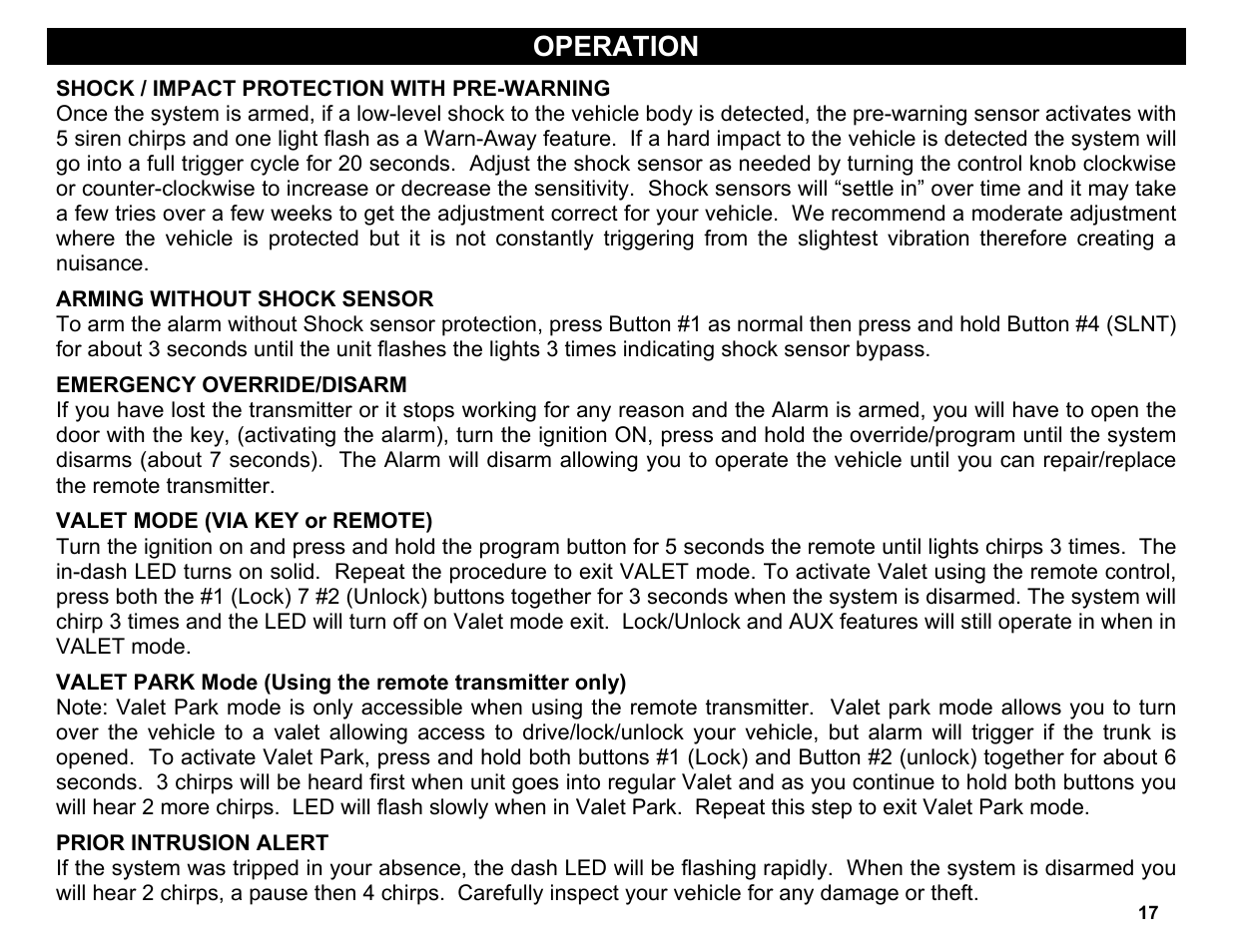 Arming without shock sensor, Prior intrusion alert, Operation | Crimestopper Security Products CS-2004DC User Manual | Page 17 / 20