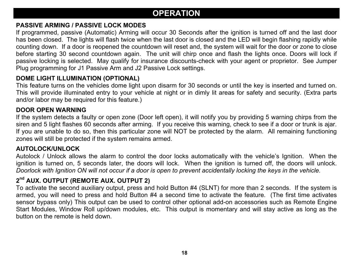 Dome light illumination (optional), Autolock/unlock, 2nd aux. output (remote aux. output 2) | Operation | Crimestopper Security Products CS-2004DC User Manual | Page 18 / 20