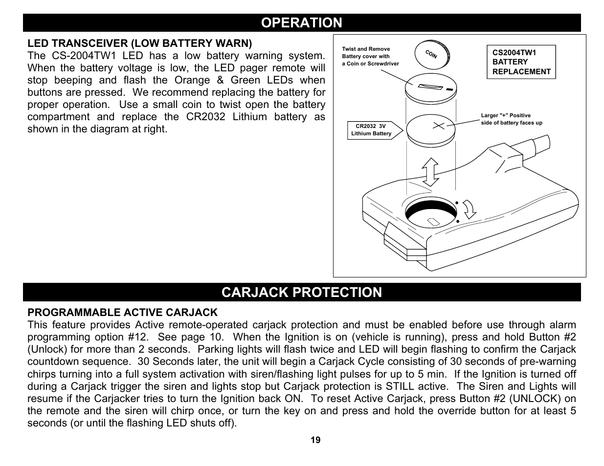 Led transceiver (low battery warn), Programmable active carjack, Operation | Carjack protection | Crimestopper Security Products CS-2004DC User Manual | Page 19 / 20