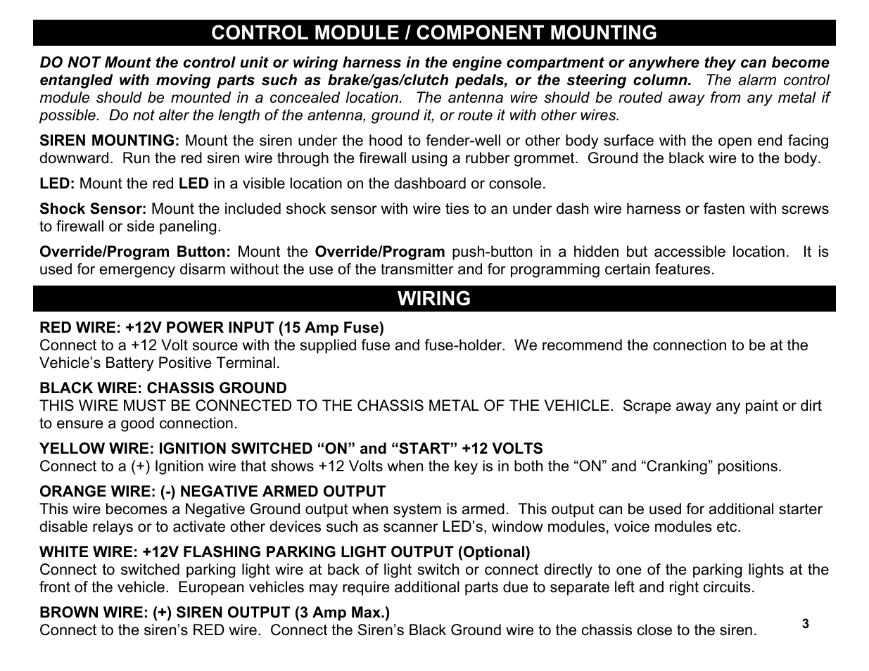 Orange wire: (-) negative armed output, Control module / component mounting, Wiring | Brown wire: (+) siren output (3 amp max.) | Crimestopper Security Products CS-2004DC User Manual | Page 3 / 20