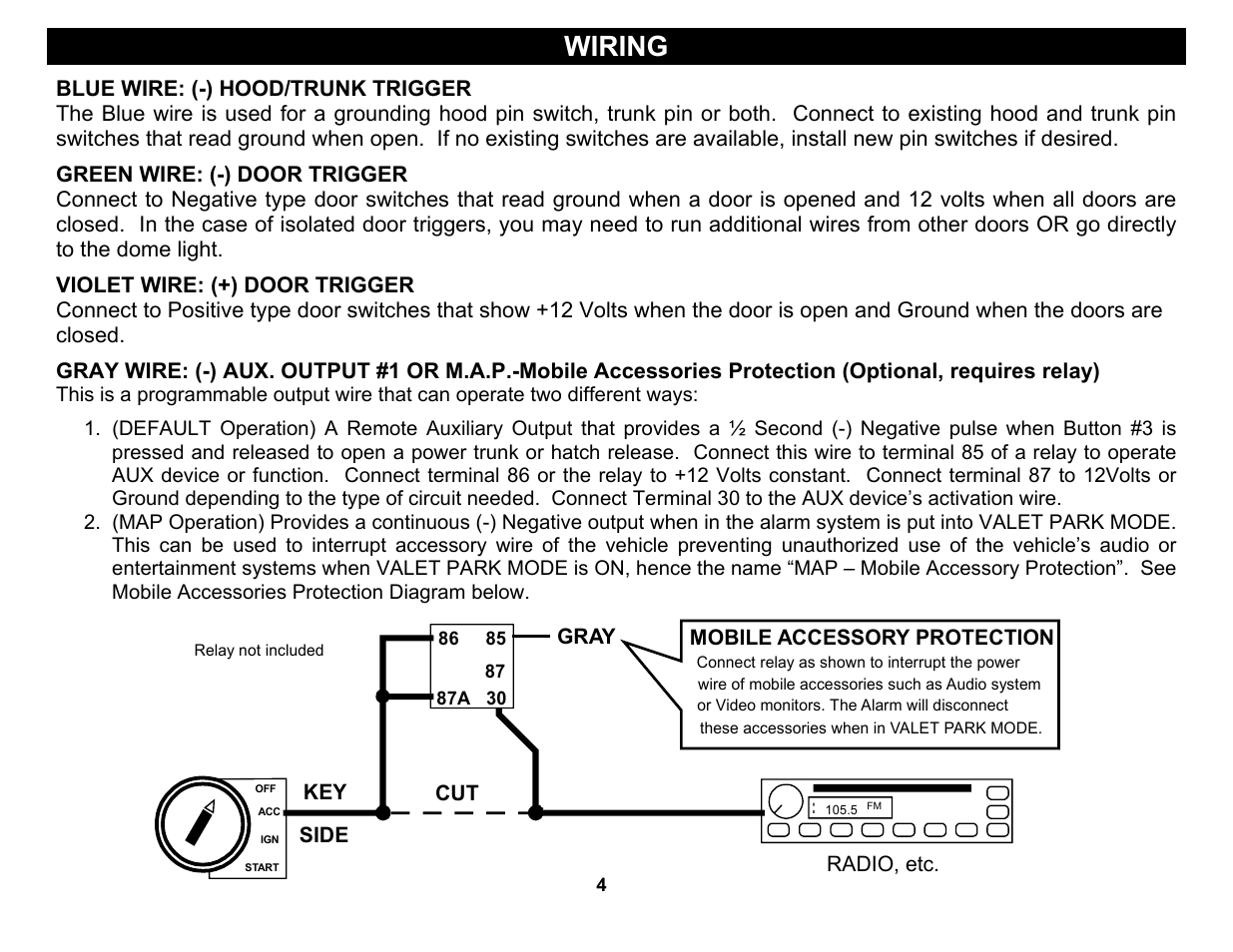 Blue wire: (-) hood/trunk trigger, Green wire: (-) door trigger, Violet wire: (+) door trigger | Wiring, Radio, etc. gray mobile accessory protection, Key side | Crimestopper Security Products CS-2004DC User Manual | Page 4 / 20