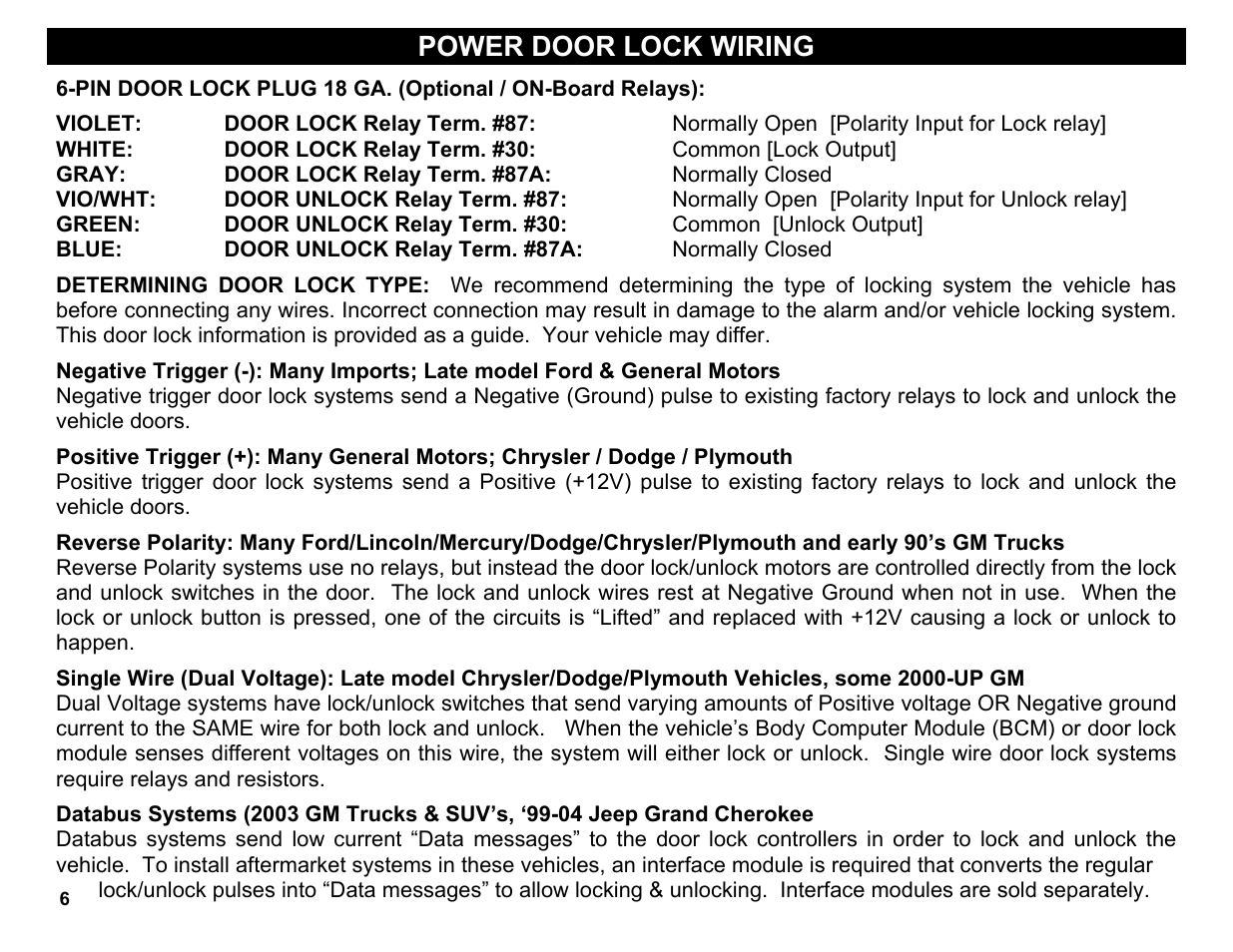 Reverse polarity: many ford/lincoln/mercury/dodge, Power door lock wiring | Crimestopper Security Products CS-2004DC User Manual | Page 6 / 20