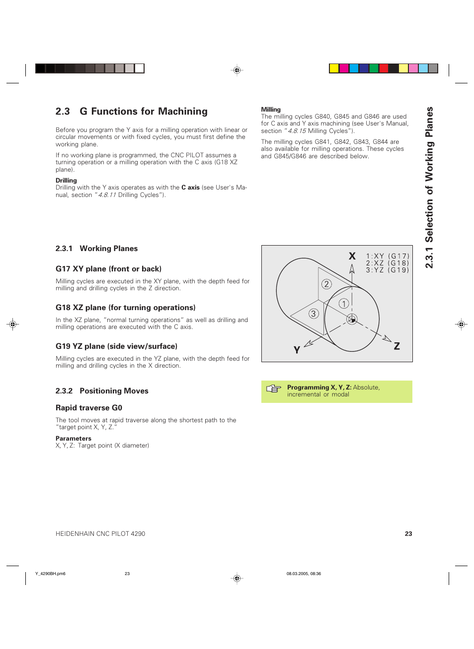 3 g functions for machining, 1 selection of working planes | HEIDENHAIN CNC Pilot 4290 Description of the Y axis User Manual | Page 23 / 65