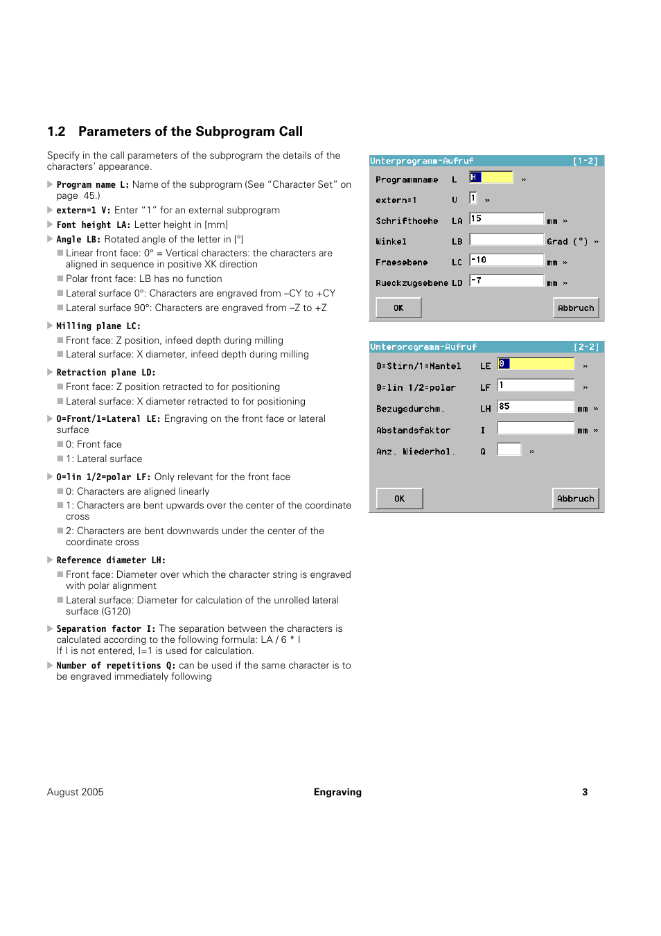 2 parameters of the subprogram call | HEIDENHAIN CNC Pilot 4290 Instructions for engraving cycles User Manual | Page 5 / 12