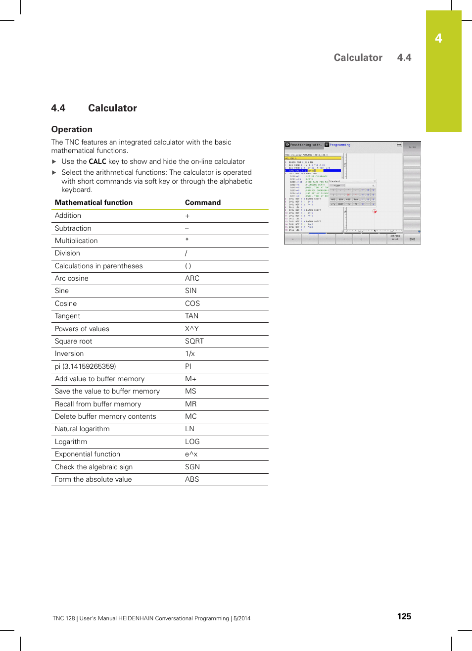 4 calculator, Operation, Calculator | Calculator 4.4 | HEIDENHAIN TNC 128 (77184x-02) User Manual | Page 125 / 513