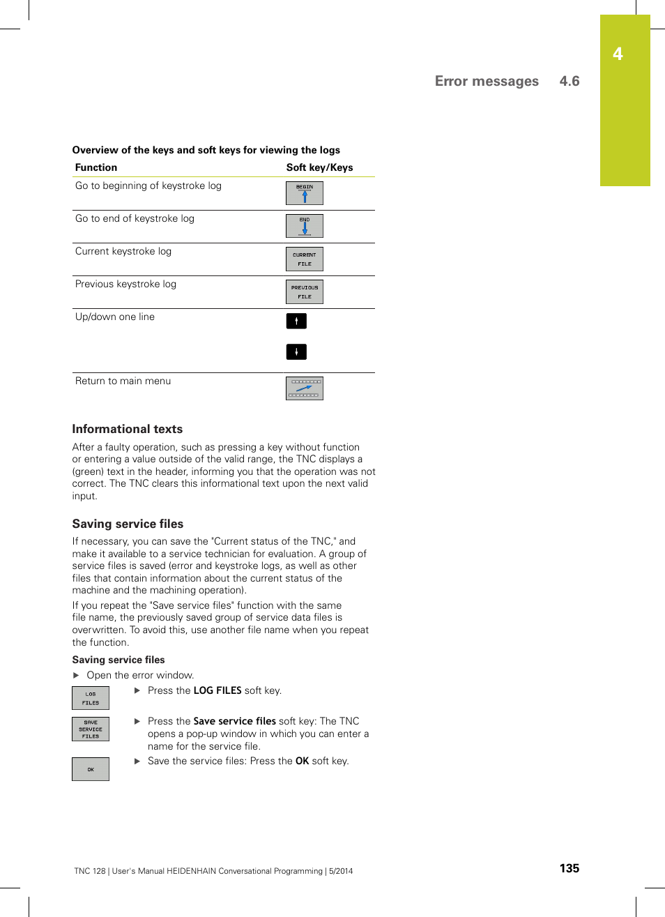 Informational texts, Saving service files, Error messages 4.6 | HEIDENHAIN TNC 128 (77184x-02) User Manual | Page 135 / 513