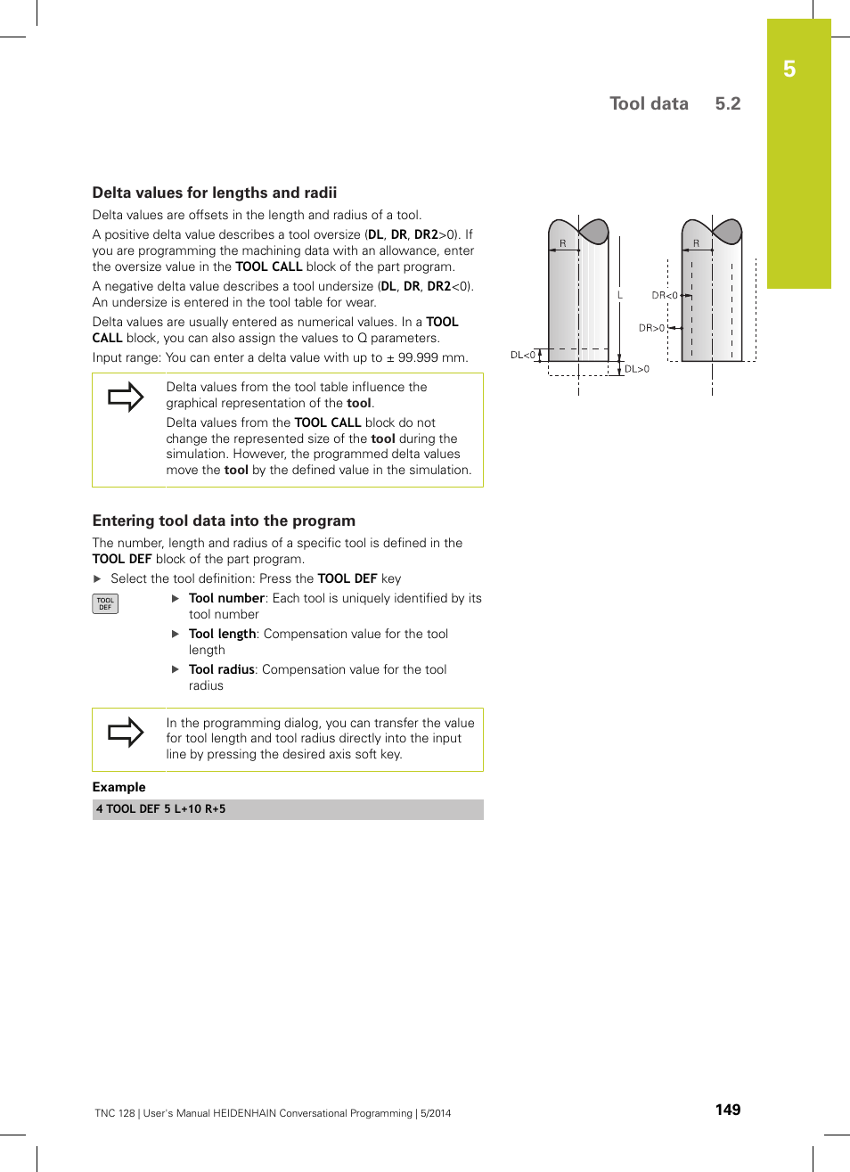 Delta values for lengths and radii, Entering tool data into the program, Tool data 5.2 | HEIDENHAIN TNC 128 (77184x-02) User Manual | Page 149 / 513