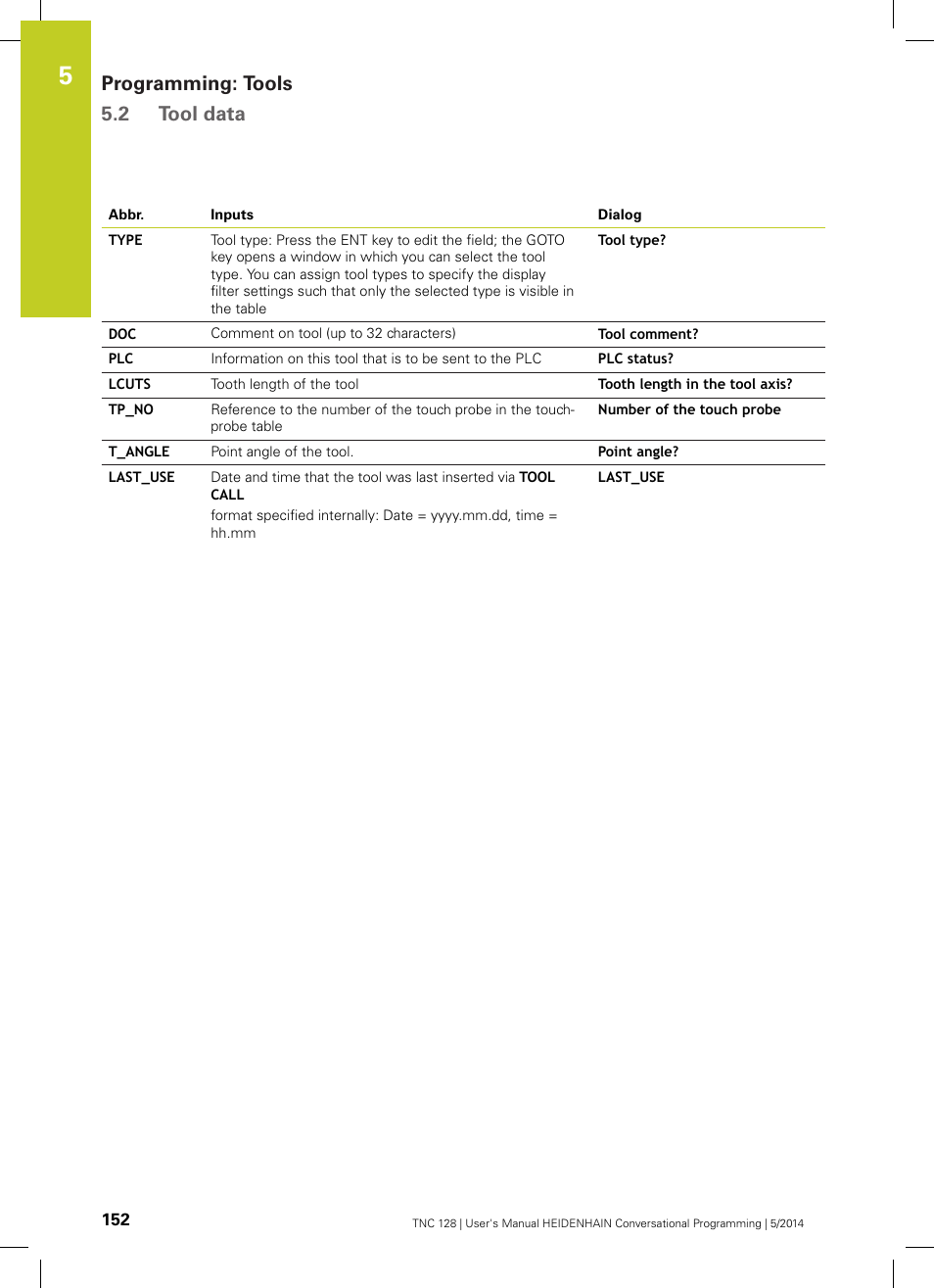Programming: tools 5.2 tool data | HEIDENHAIN TNC 128 (77184x-02) User Manual | Page 152 / 513