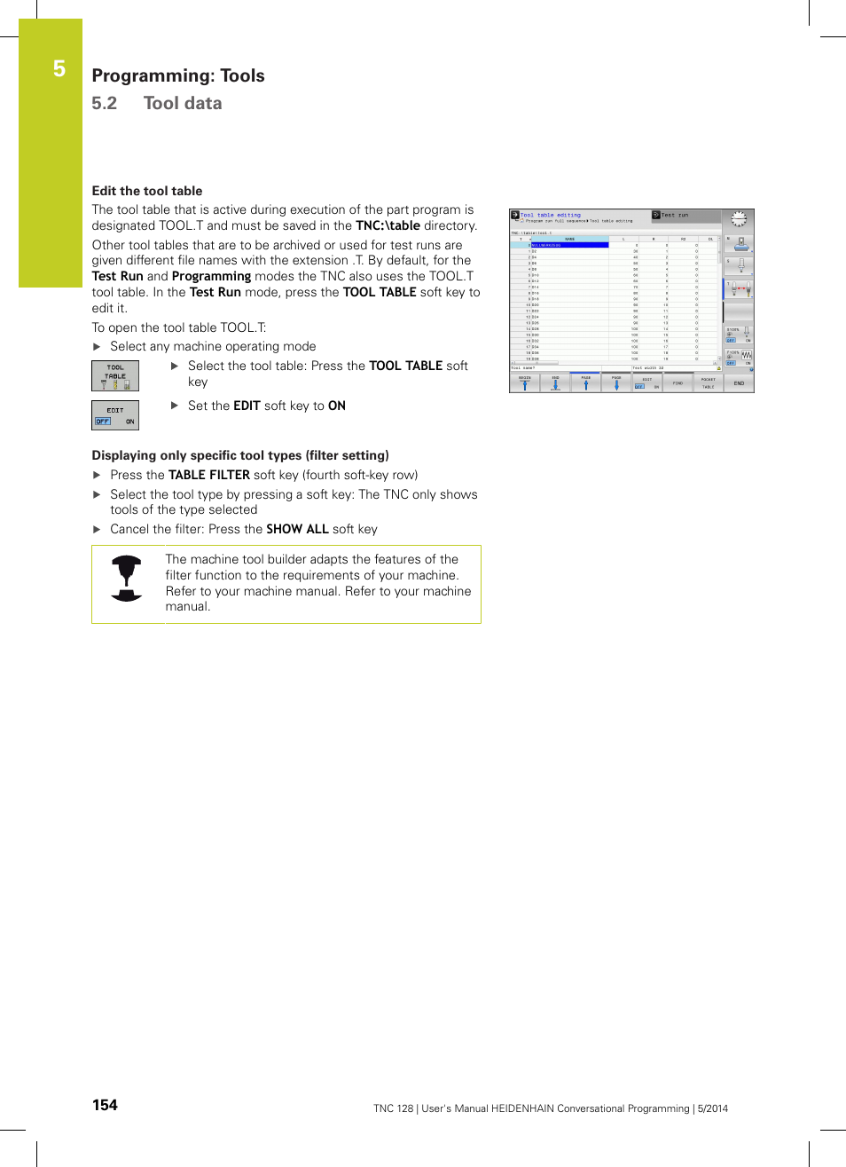 Programming: tools 5.2 tool data | HEIDENHAIN TNC 128 (77184x-02) User Manual | Page 154 / 513