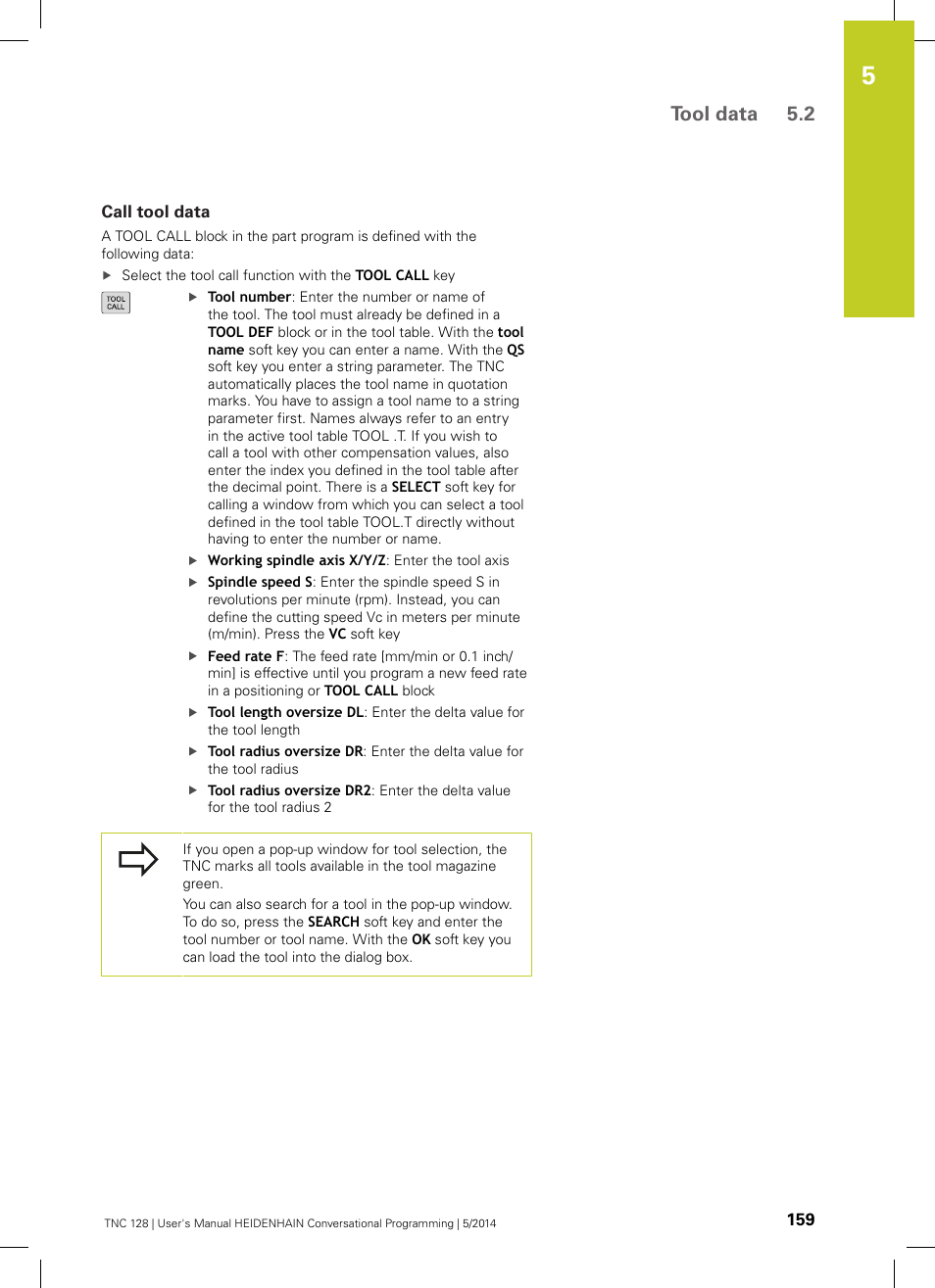 Call tool data, Tool data 5.2 | HEIDENHAIN TNC 128 (77184x-02) User Manual | Page 159 / 513