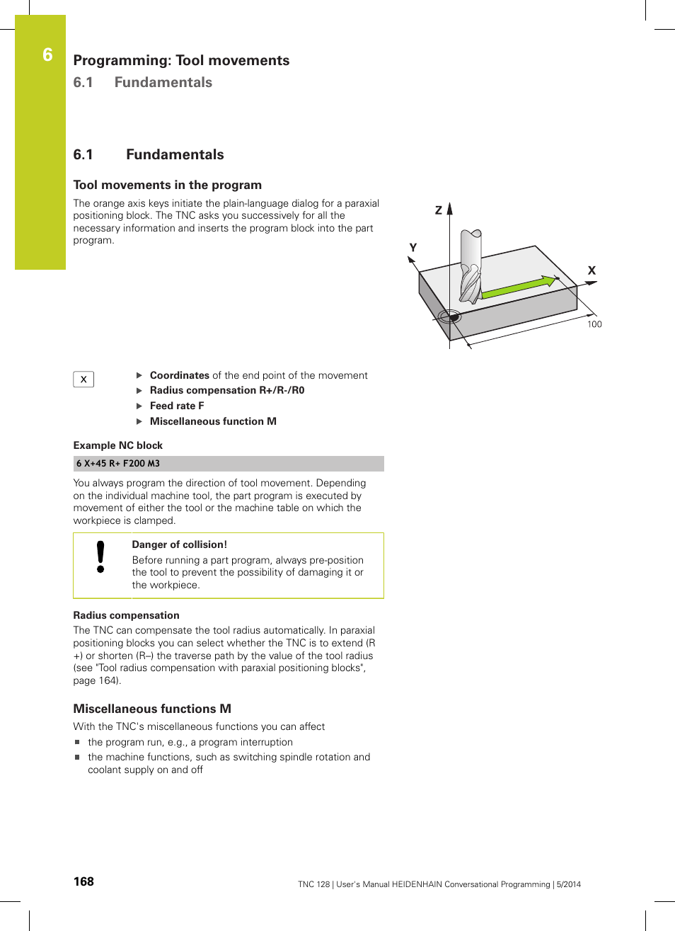 1 fundamentals, Tool movements in the program, Miscellaneous functions m | Fundamentals, Programming: tool movements 6.1 fundamentals | HEIDENHAIN TNC 128 (77184x-02) User Manual | Page 168 / 513