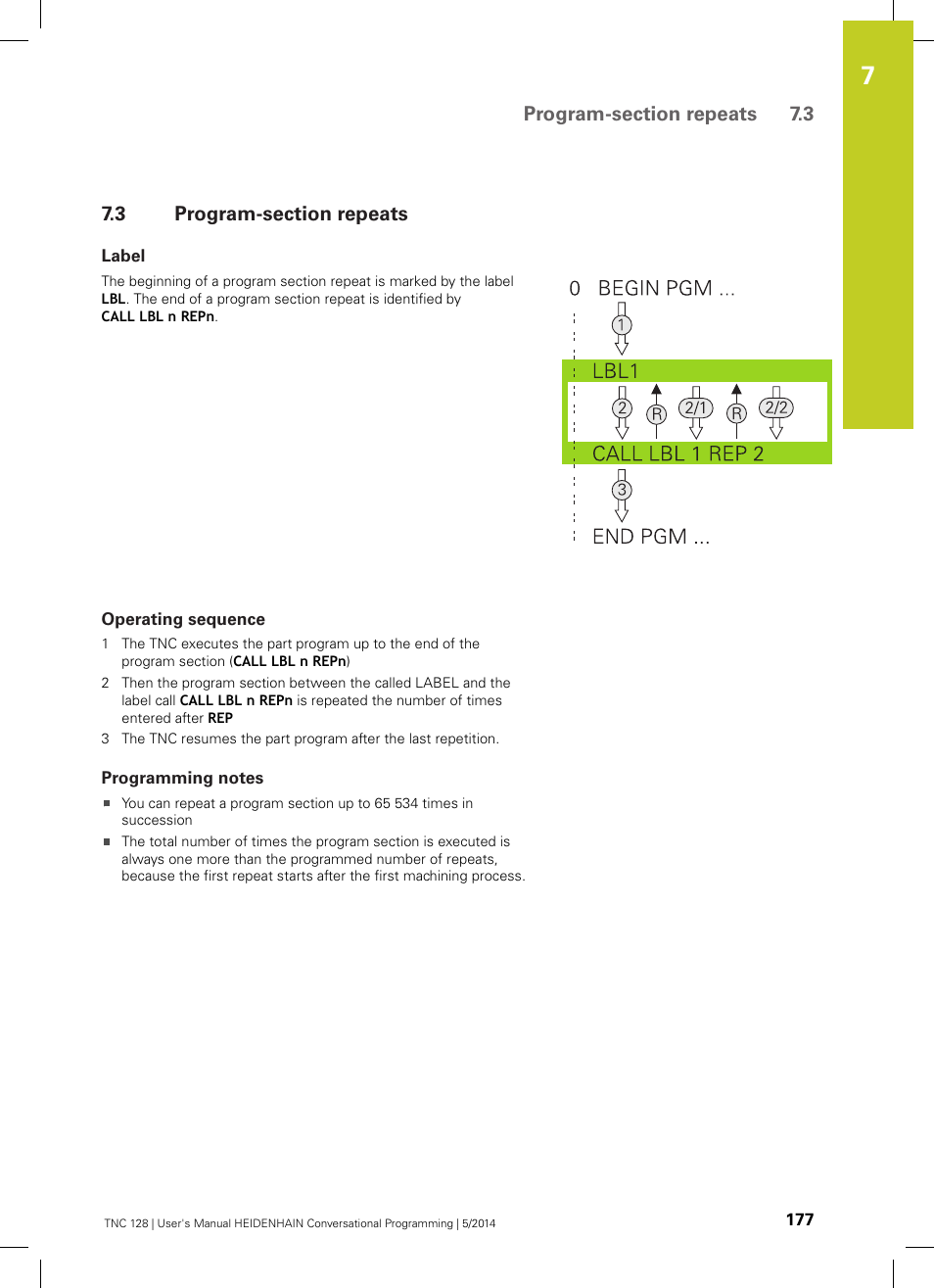 3 program-section repeats, Label, Operating sequence | Programming notes, Program-section repeats | HEIDENHAIN TNC 128 (77184x-02) User Manual | Page 177 / 513