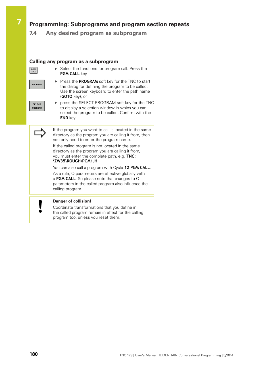 Calling any program as a subprogram | HEIDENHAIN TNC 128 (77184x-02) User Manual | Page 180 / 513