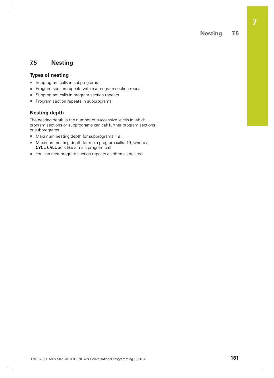 5 nesting, Types of nesting, Nesting depth | Nesting | HEIDENHAIN TNC 128 (77184x-02) User Manual | Page 181 / 513