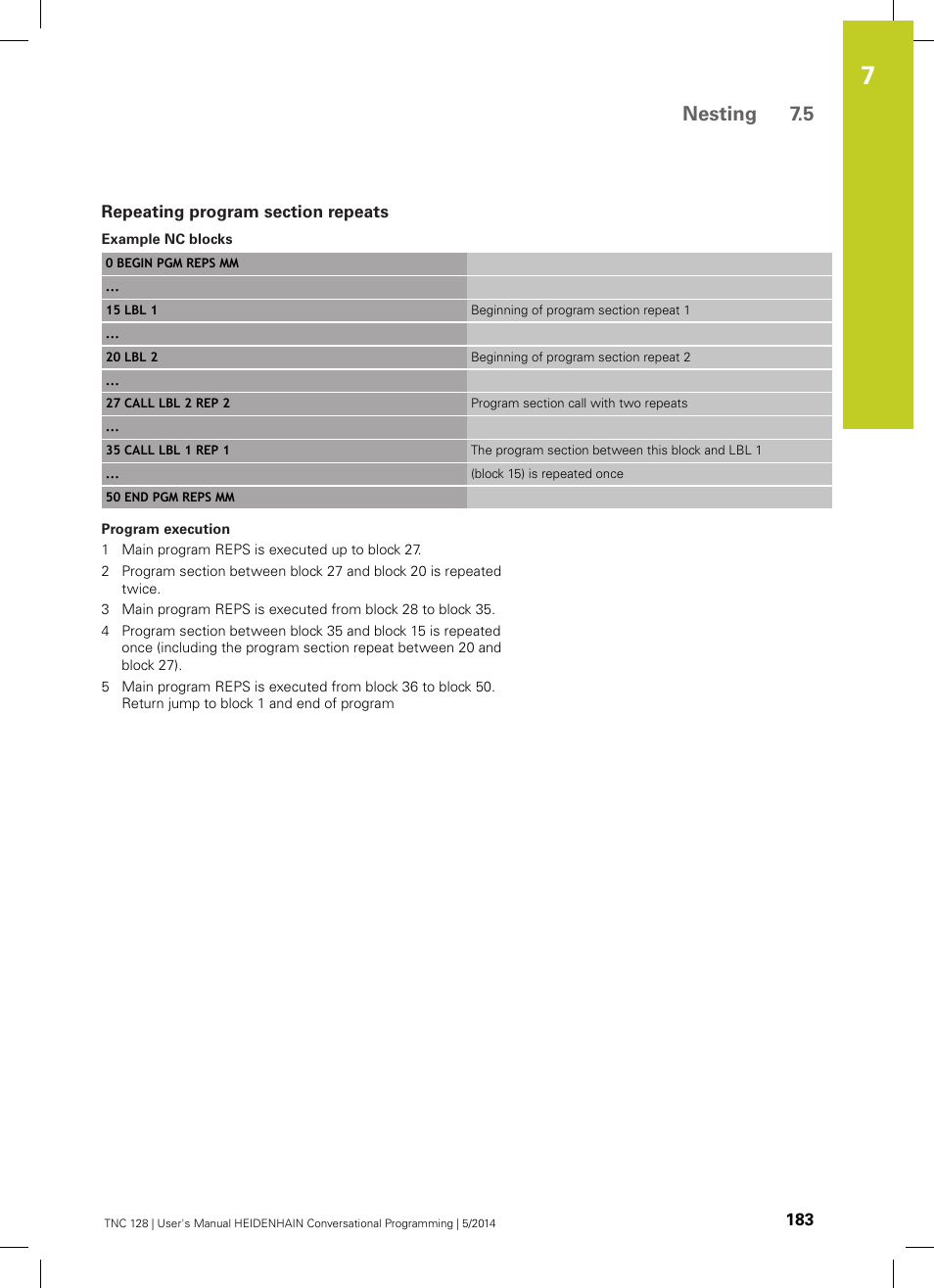 Repeating program section repeats, Nesting 7.5 | HEIDENHAIN TNC 128 (77184x-02) User Manual | Page 183 / 513