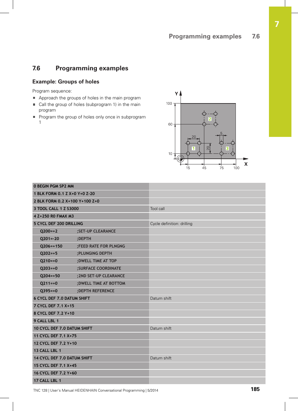 6 programming examples, Example: groups of holes, Programming examples | Programming examples 7.6 | HEIDENHAIN TNC 128 (77184x-02) User Manual | Page 185 / 513