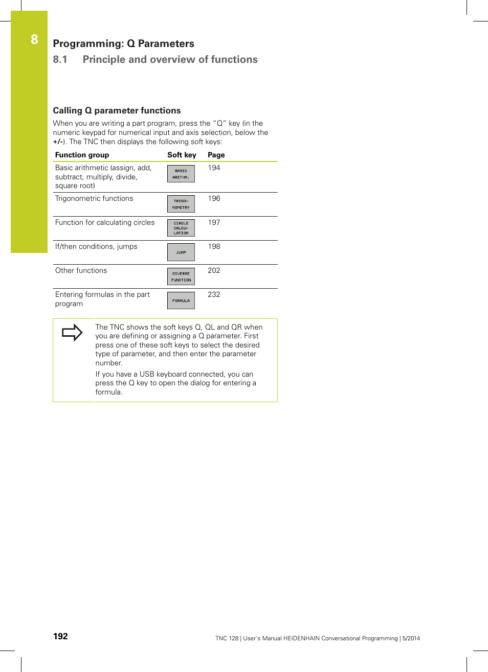 Calling q parameter functions | HEIDENHAIN TNC 128 (77184x-02) User Manual | Page 192 / 513