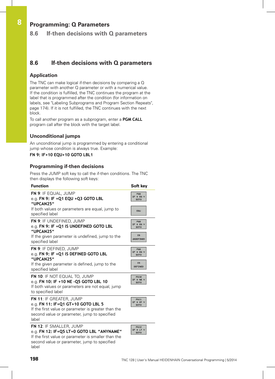 6 if-then decisions with q parameters, Application, Unconditional jumps | Programming if-then decisions, If-then decisions with q parameters | HEIDENHAIN TNC 128 (77184x-02) User Manual | Page 198 / 513