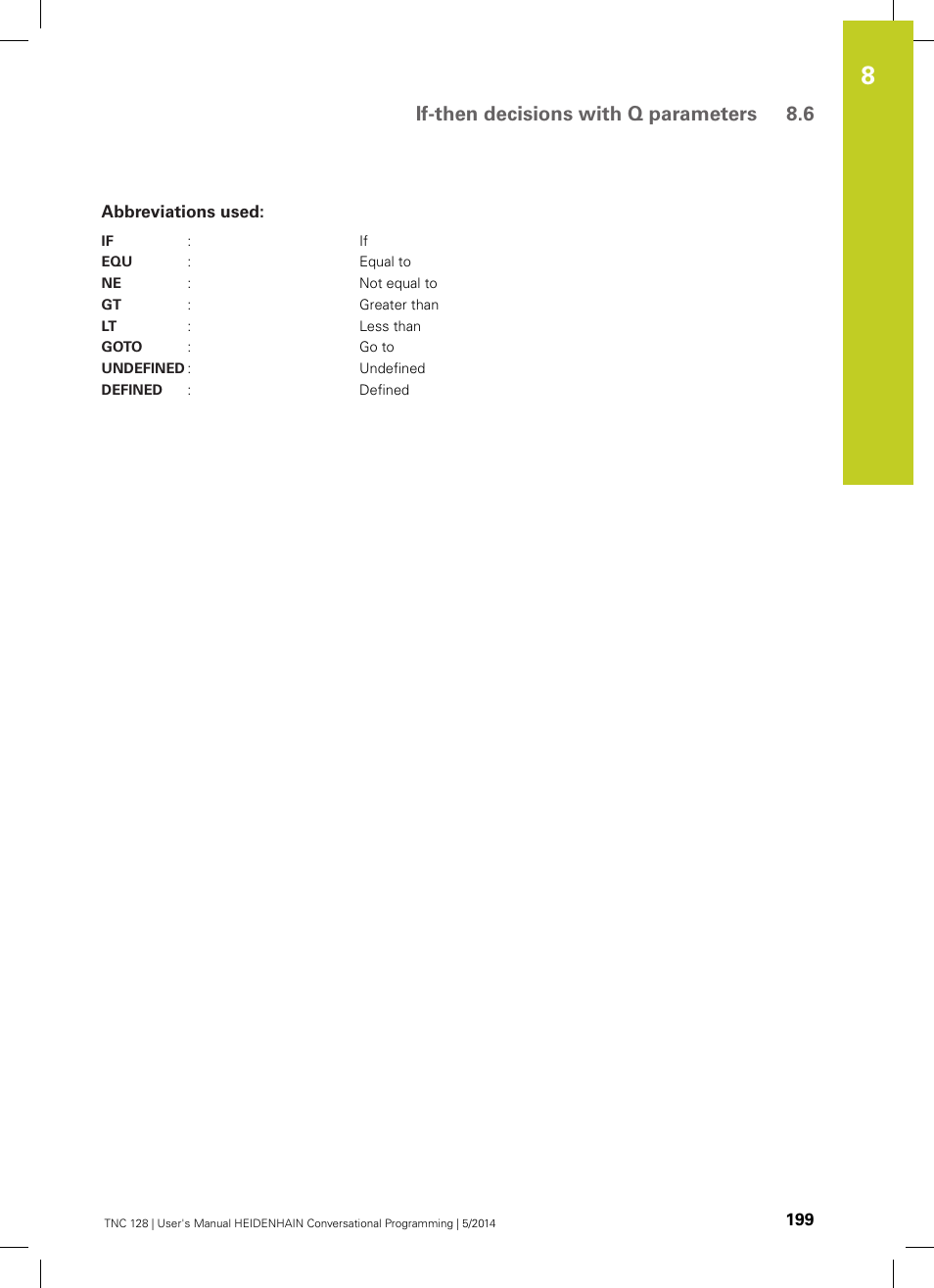 Abbreviations used, If-then decisions with q parameters 8.6 | HEIDENHAIN TNC 128 (77184x-02) User Manual | Page 199 / 513