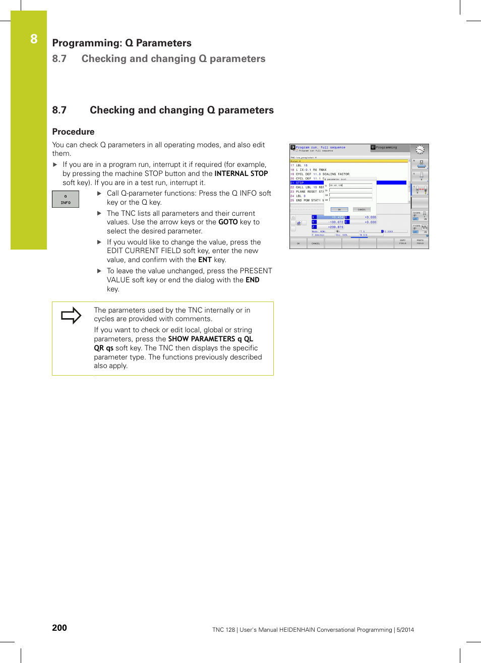 7 checking and changing q parameters, Procedure, Checking and changing q parameters | HEIDENHAIN TNC 128 (77184x-02) User Manual | Page 200 / 513