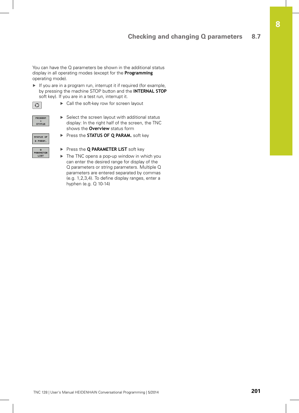 Checking and changing q parameters 8.7 | HEIDENHAIN TNC 128 (77184x-02) User Manual | Page 201 / 513