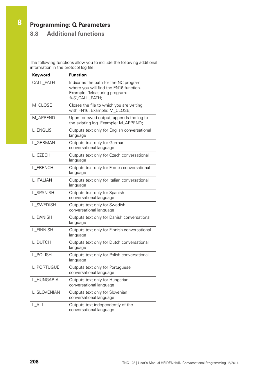 Programming: q parameters 8.8 additional functions | HEIDENHAIN TNC 128 (77184x-02) User Manual | Page 208 / 513
