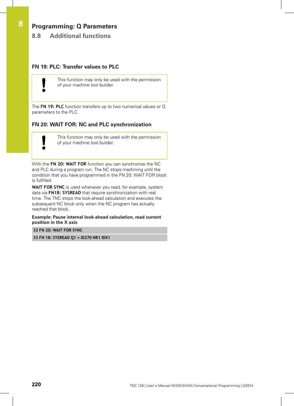 Fn 19: plc: transfer values to plc, Fn 20: wait for: nc and plc synchronization, Programming: q parameters 8.8 additional functions | HEIDENHAIN TNC 128 (77184x-02) User Manual | Page 220 / 513