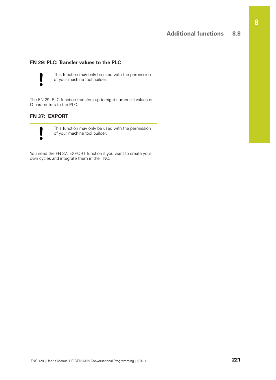 Fn 29: plc: transfer values to the plc, Fn 37: export | HEIDENHAIN TNC 128 (77184x-02) User Manual | Page 221 / 513