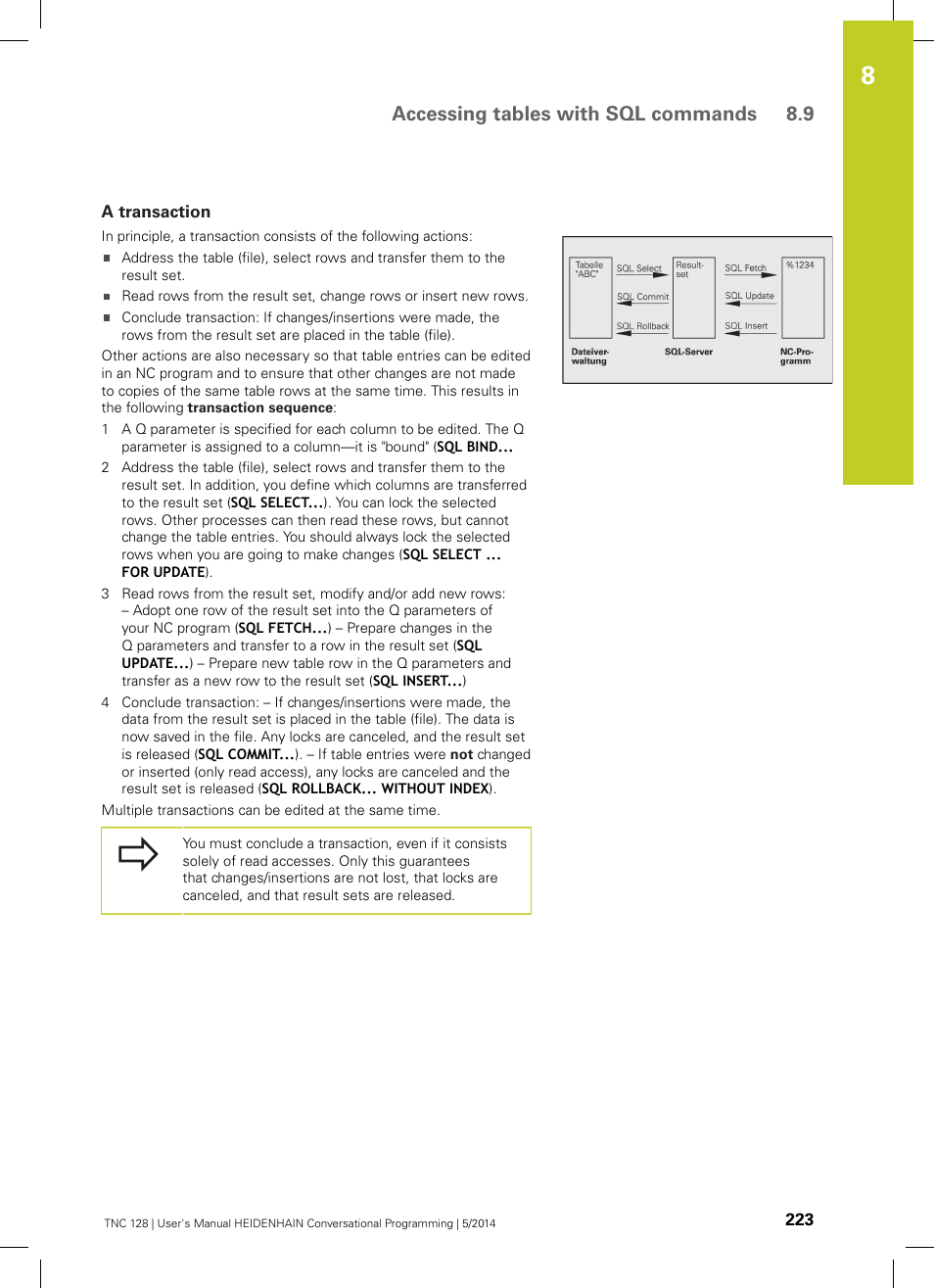 A transaction, Accessing tables with sql commands 8.9 | HEIDENHAIN TNC 128 (77184x-02) User Manual | Page 223 / 513