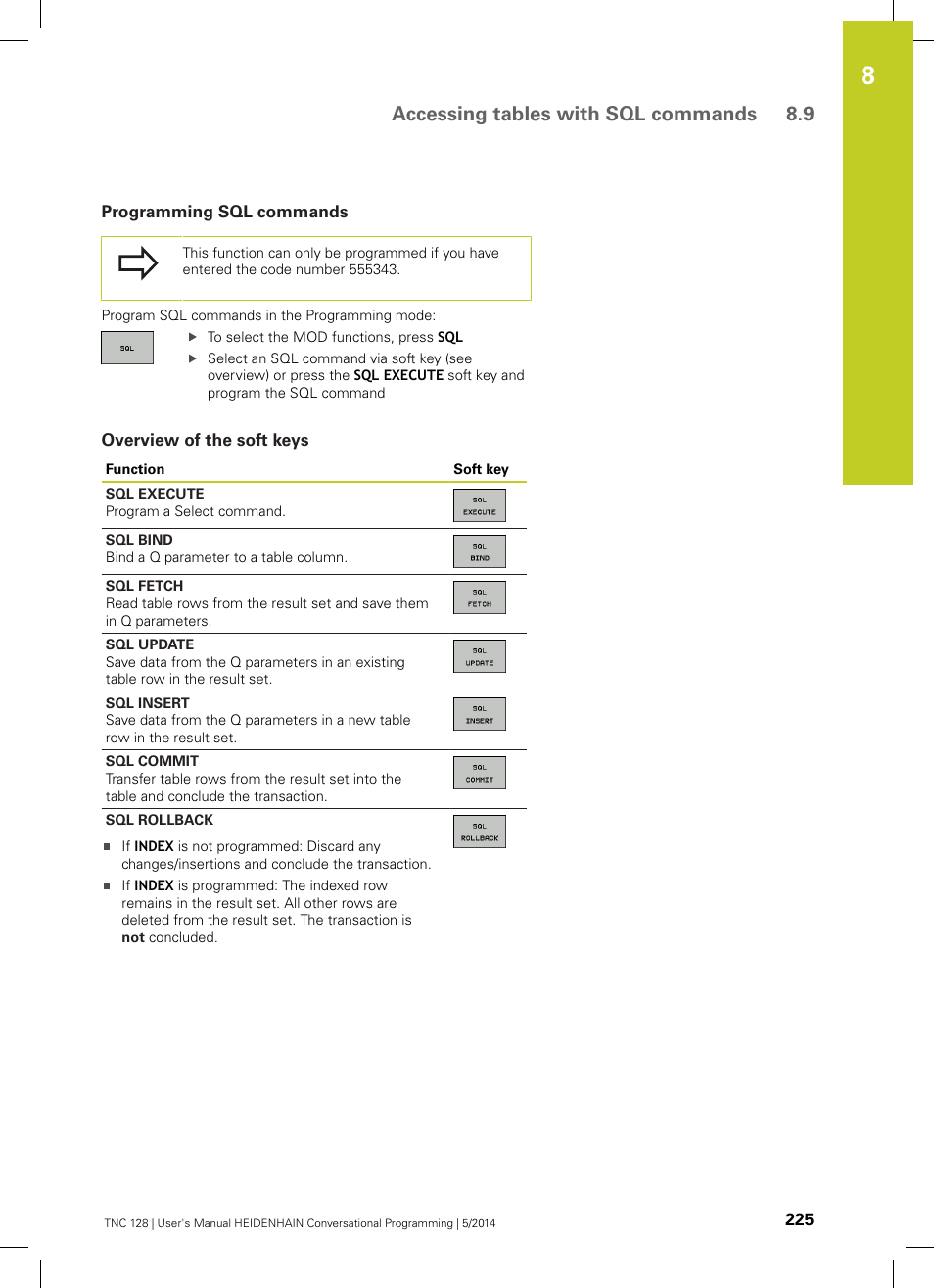 Programming sql commands, Overview of the soft keys, Accessing tables with sql commands 8.9 | HEIDENHAIN TNC 128 (77184x-02) User Manual | Page 225 / 513