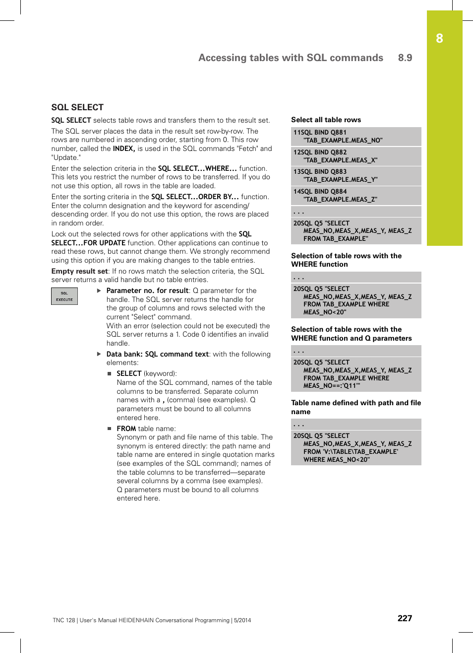 Sql select, Accessing tables with sql commands 8.9 | HEIDENHAIN TNC 128 (77184x-02) User Manual | Page 227 / 513