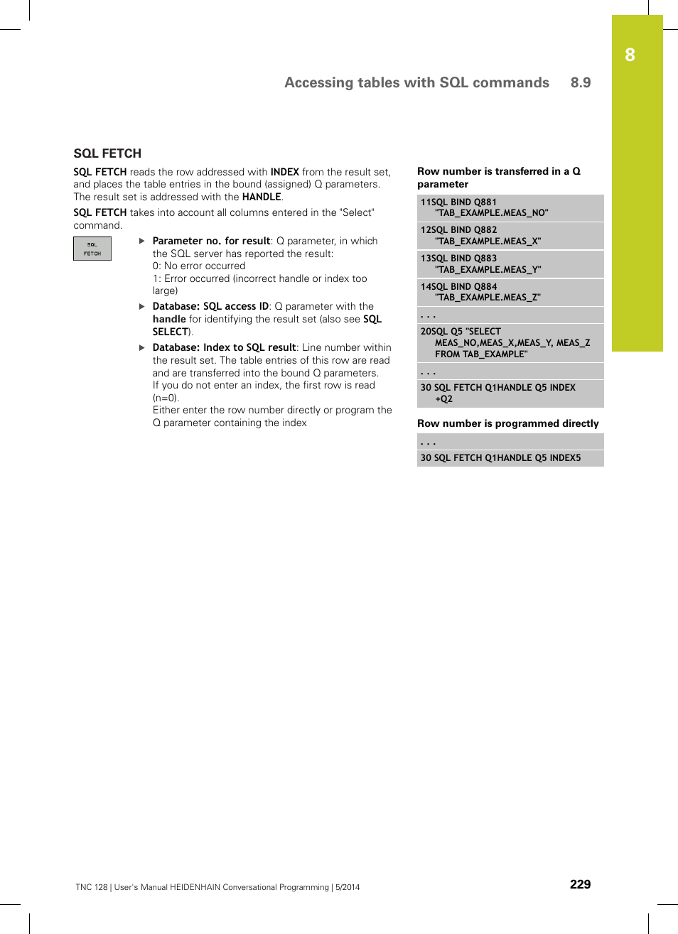 Sql fetch, Accessing tables with sql commands 8.9 | HEIDENHAIN TNC 128 (77184x-02) User Manual | Page 229 / 513
