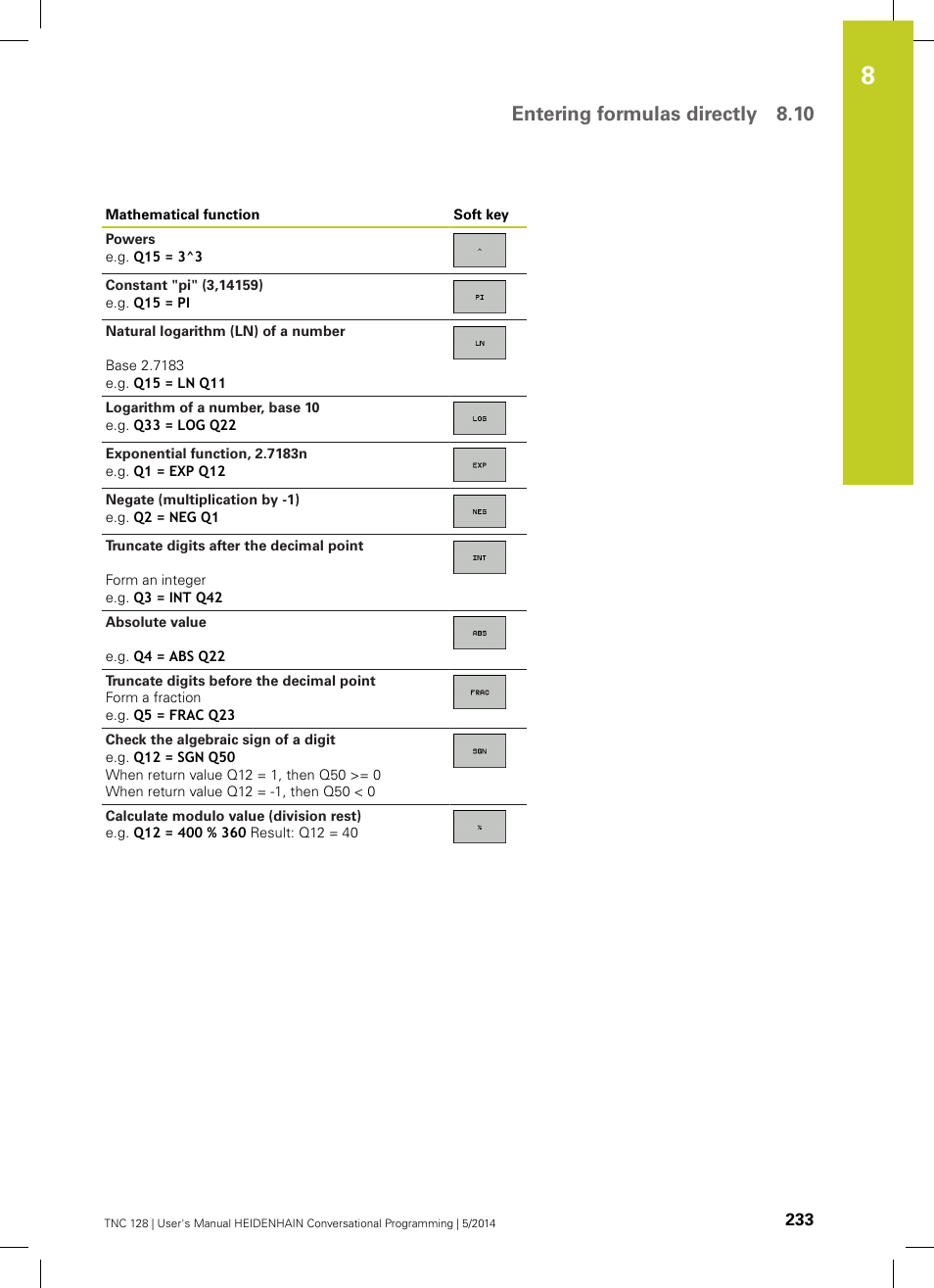 Entering formulas directly 8.10 | HEIDENHAIN TNC 128 (77184x-02) User Manual | Page 233 / 513