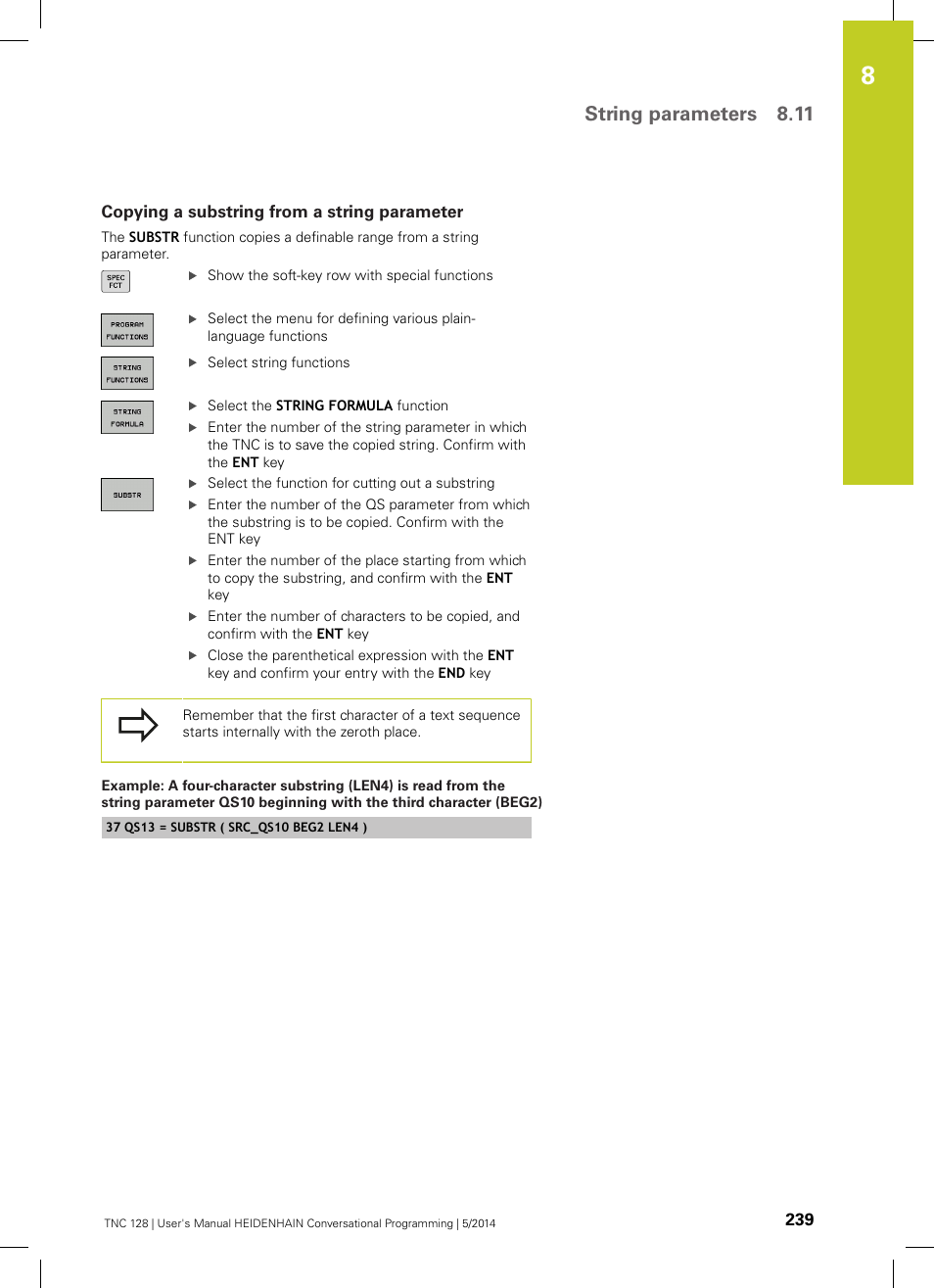 Copying a substring from a string parameter, String parameters 8.11 | HEIDENHAIN TNC 128 (77184x-02) User Manual | Page 239 / 513