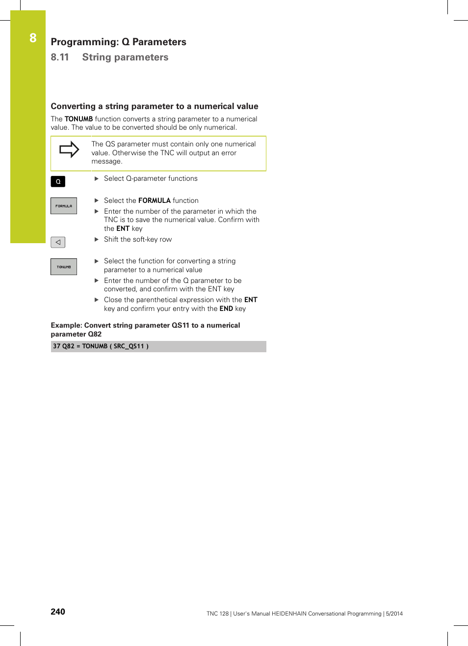 Converting a string parameter to a numerical value, Programming: q parameters 8.11 string parameters | HEIDENHAIN TNC 128 (77184x-02) User Manual | Page 240 / 513