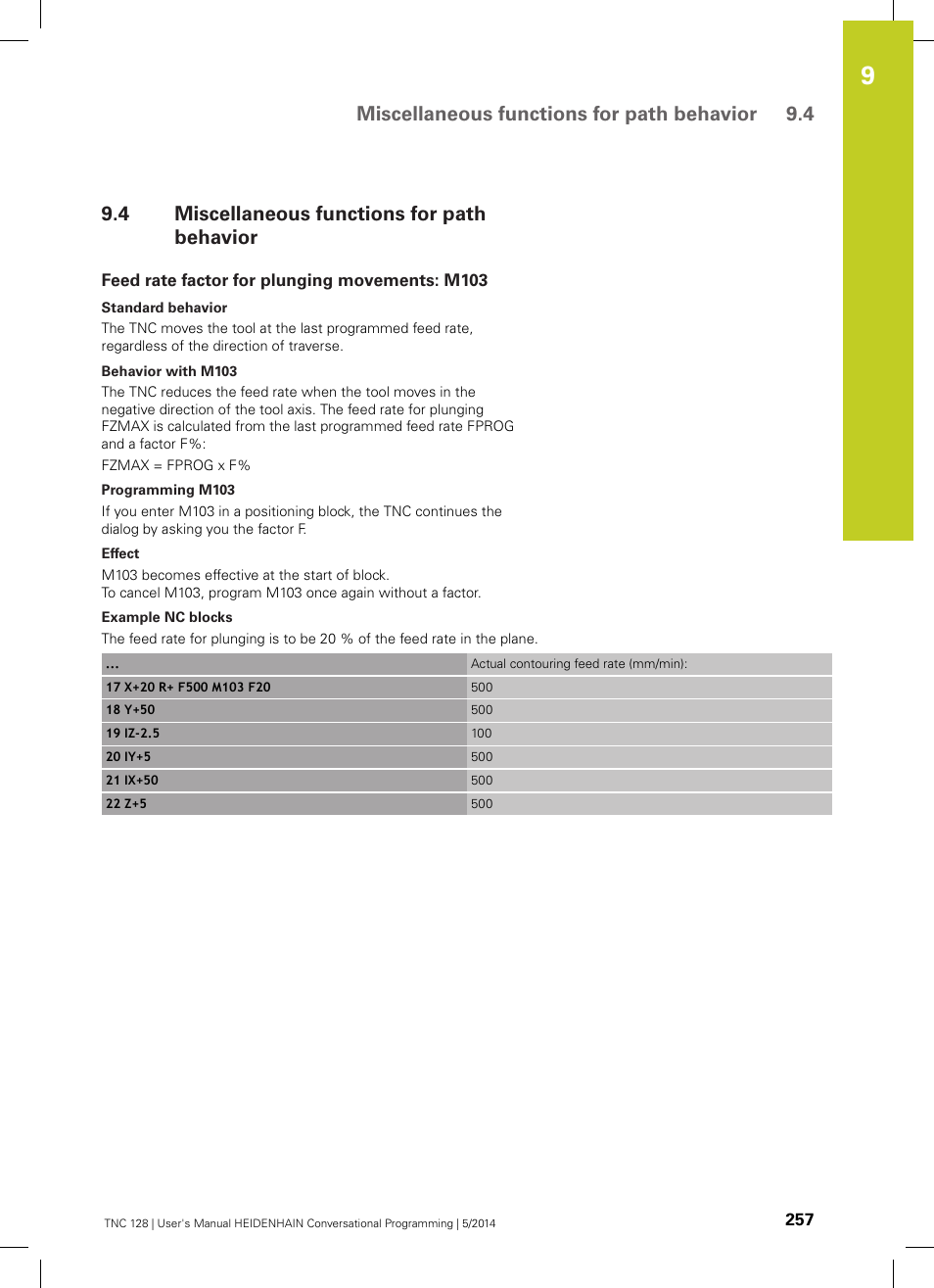 4 miscellaneous functions for path behavior, Feed rate factor for plunging movements: m103, Miscellaneous functions for path behavior | Miscellaneous functions for path behavior 9.4 | HEIDENHAIN TNC 128 (77184x-02) User Manual | Page 257 / 513