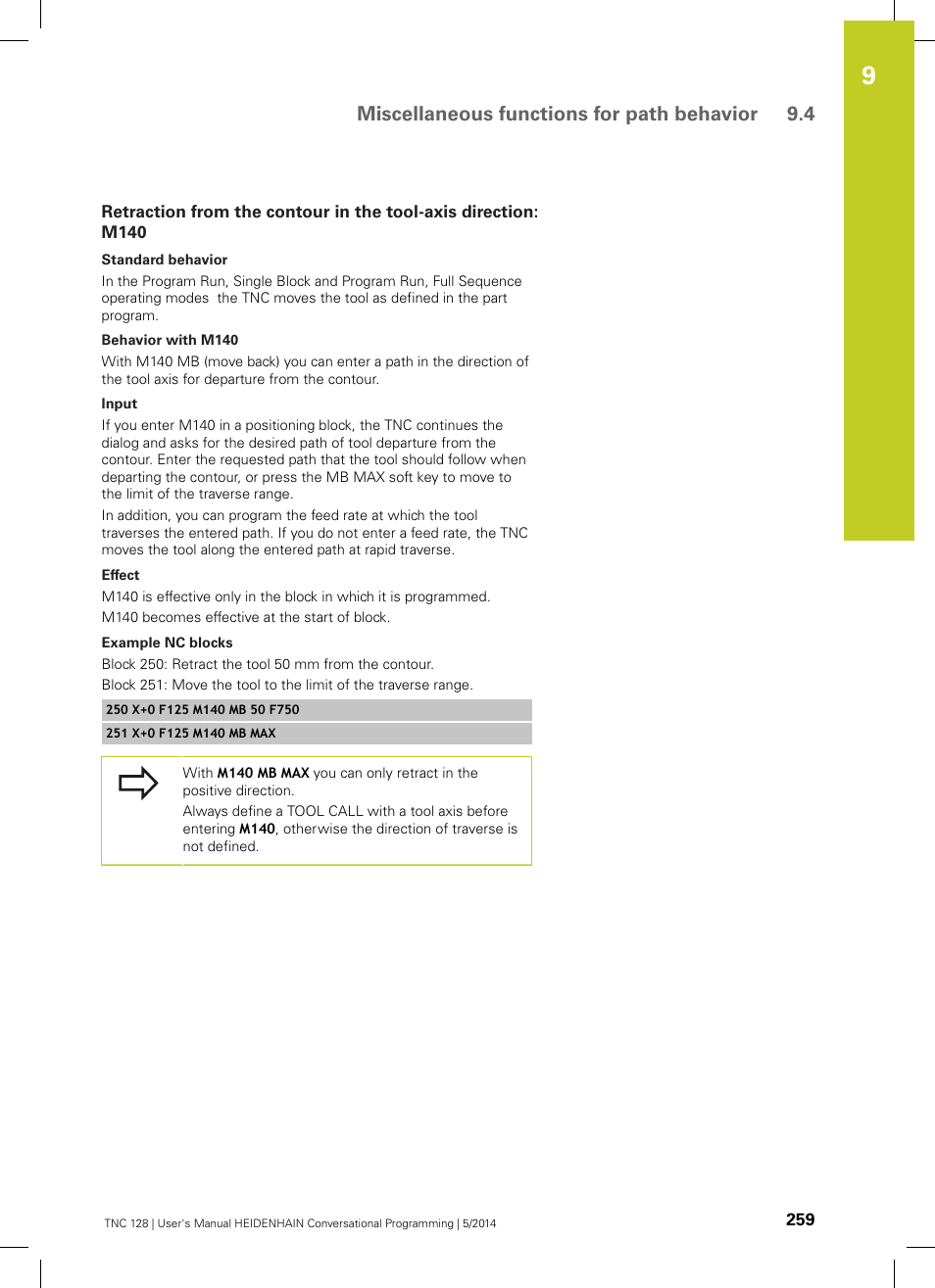 Miscellaneous functions for path behavior 9.4 | HEIDENHAIN TNC 128 (77184x-02) User Manual | Page 259 / 513