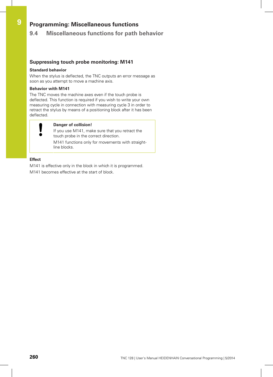 Suppressing touch probe monitoring: m141 | HEIDENHAIN TNC 128 (77184x-02) User Manual | Page 260 / 513