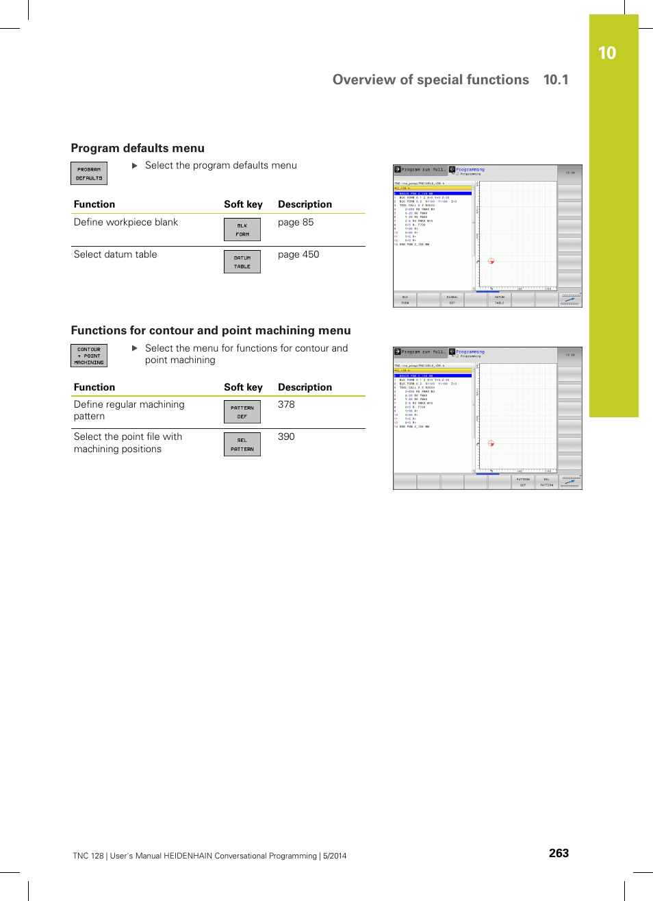 Program defaults menu, Functions for contour and point machining menu, Overview of special functions 10.1 | HEIDENHAIN TNC 128 (77184x-02) User Manual | Page 263 / 513